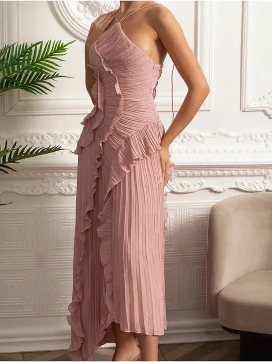 PLEATED HALTER MIDI DRESS WITH CASCADING RUFFLE DETAILS - PINK - Picture 2 of 3